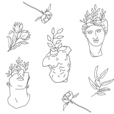 a line drawing of flowers and vases on a white background