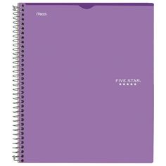 a purple spiral notebook with five stars on it