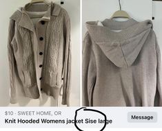 an image of a woman's sweater that has been bought for $ 10 - sweet home, or knit hooded womens jacket size large