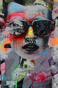 an image of a man with sunglasses and graffiti on his face in front of a multicolored background