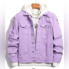 Very Light Weight, Soft, Lilac Purple Denim Coat. Never Worn. Purple Jacket Outfit, Purple Shoes Outfit, Jean Jacket Outfits Men, Aesthetic Male Outfits, Pastel Hoodie, Hoodie Outfit Men, Stylish Mens Suits, Jean Jacket Outfits, Purple Jeans