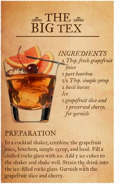 the big tex cocktail recipe is shown in an old - fashioned style poster, with information about how to make it