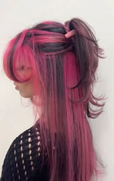 Dyed Hair Alternative, Cute Spooky Hairstyles, Vivid Hair Color With Black, Hair Inspo Pink Highlights, Colored Hair For Brown Hair, Multi Colored Highlights For Brunettes, Red Hair With Hot Pink Highlights, Hair Dye Inspo Black Hair, Black Hair With Pink And Purple Streaks