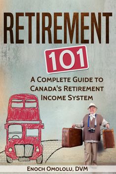 a man holding two suitcases and standing next to a red bus with the words retirement 101 on it