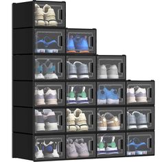 six rows of shoes are stacked up in the shape of a cube, each with their own shoelaces