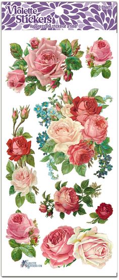 an assortment of pink and red flowers on a white background with the words marie stickers