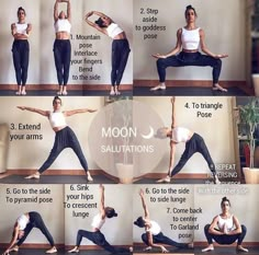 a woman doing yoga poses for the moon