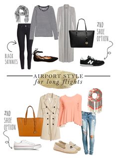 the airport style for long flights is shown in black, white and peach colors with text overlay