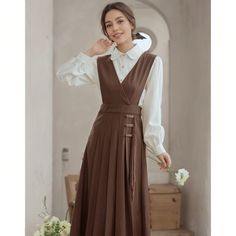 Lasaky - Newly Improved Everyday Shirt with Pleated Suspender Skirt Set Cotton Silk Dress, Dress Collar, Bodycon Dress With Sleeves, Strappy Dress, Scarf Dress, Suspender Skirt, Strappy Dresses, Daily Dress, Lantern Sleeves