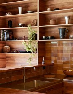 the kitchen is clean and ready for us to use it's natural wood shelves