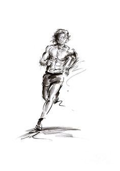 a black and white drawing of a man running