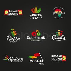 set of logos for reggae sound and music festival on black background stock photo color is red, green, yellow