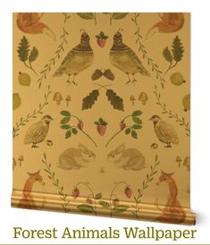 an animal themed wallpaper with birds, flowers and leaves on yellow background is featured in front of the words forest animals wallpaper