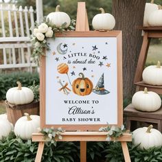 a welcome sign for a baby shower with pumpkins