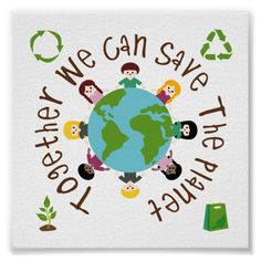 we can save the world together sticker with children around the globe on white background