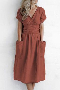 Fashion Street Solid Pocket V Neck A Line Dresses（4 Colors） Line Dresses, A Line Dresses, Trendy Fashion Outfits, Sleeve Dresses, Fashion Pattern, Casual Sets, Wholesale Clothing, Fashion Street, Colorful Fashion