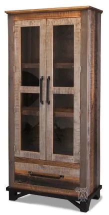 an old wooden cabinet with glass doors on the front and bottom shelves, against a white background