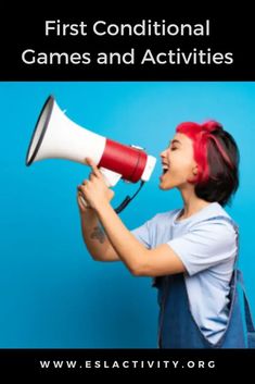 a woman holding a red and white megaphone with the words first additional games and activities