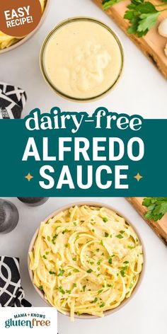 dairy - free alfredo sauce in a bowl on a cutting board with ingredients around it