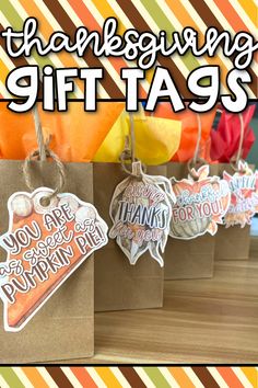 thanksgiving gift tags on brown paper bags with text overlay