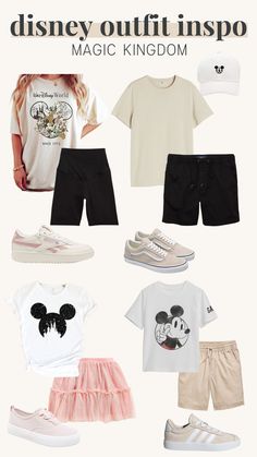 the disney outfits are all in different colors and sizes, including mickey mouse t - shirt