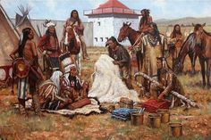 an oil painting of native american indians gathering