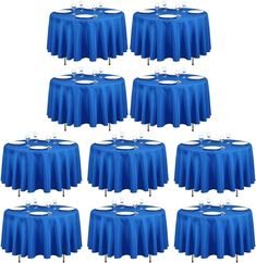 six round tables with blue tablecloths on them