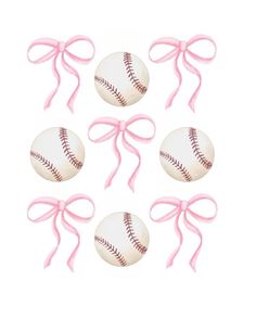 six baseballs tied together with pink ribbons