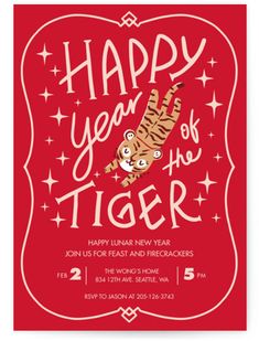 a red and white tiger birthday card with the words happy year of the tiger on it