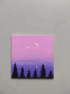 a painting of trees and the moon on a purple sky with stars in the background