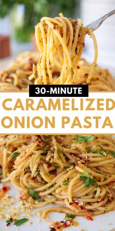 the recipe for caramelized onion pasta is shown on a plate with a fork