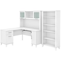 a white desk with two open shelves on each side and one closed drawer at the end