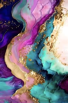 an abstract painting with gold, purple and blue colors on it's surface is featured in this image