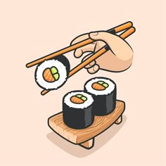 a hand holding chopsticks over sushi on a wooden tray with two pieces of sushi in it