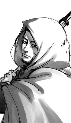 a black and white drawing of a man with a hood on