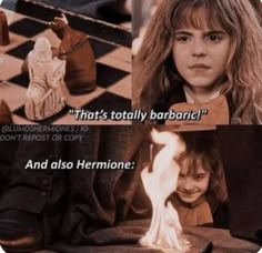 a woman sitting on top of a table next to a chess board with the caption that reads, that's totally barbarrie and also hermione