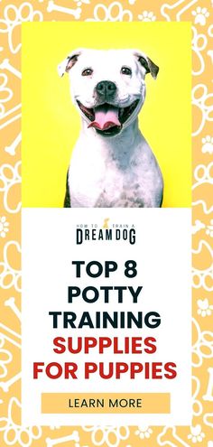 a dog with its tongue out and the words top 8 potty training supplies for puppies