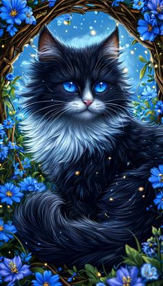 a painting of a black cat with blue eyes