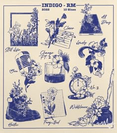 an old poster with flowers and other things in blue ink on white paper that says indigo - ray