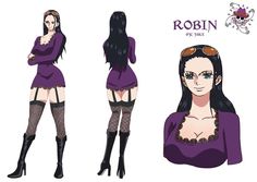 an anime character with long black hair and purple clothes, wearing thigh - high boots