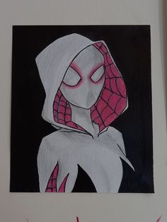 a drawing of a spider - man with pink eyes and a white hoodie on