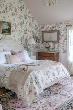 44 Feminine Bedroom Inspirations You'll Fall in Love With Floral Country Bedroom, Vintage Feminine Bedroom, Cottage Princess, Toile Wallpaper Bedroom Pink And White, Cozy Cottage Bedroom Beds & Bed Frames, Feminine Bedroom Ideas, Bedroom Modern Luxury, Pink Farmhouse, French Country Bedrooms Romantic Bedding & Blankets