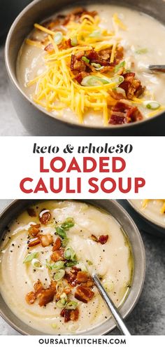 two bowls filled with loaded cauliflower soup