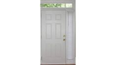 an open white door with blinds on it