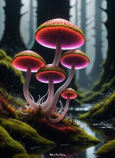 some very pretty mushrooms in the middle of a forest with water and moss growing on it