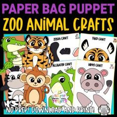 paper bag puppet zoo animal crafts for kids to color and print with the text, no prep