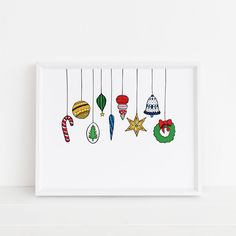 this Christmas Ornaments 8x10 art print by Sunny Day Designs features 9 colorful holiday Xmas ornaments hanging from strings on a white background. This illustration is proudly made in the USA and printed on watercolor paper. Christmas Ornaments Art, Whimsical Christmas Art, Colorful Christmas Ornaments, Whiteboard Art, Textured Watercolor, Christmas Card Art, 8x10 Art Prints, Colorful Christmas, Whimsical Christmas