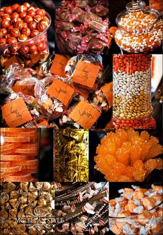 many different candies and sweets are arranged in this collage, including oranges