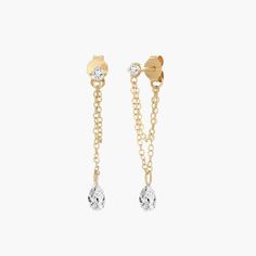 Capri Floating Diamond with Double Chain Stud Earrings- 14k Solid Gold Traditional Diamond, Gold Ear Cuff, Anniversary Jewelry, Mom Jewelry, Double Chain, Initial Bracelet, Diamond Stud Earrings, Initial Jewelry, Solid Gold Jewelry