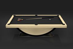 a pool table with cues and balls on it in front of a black background,